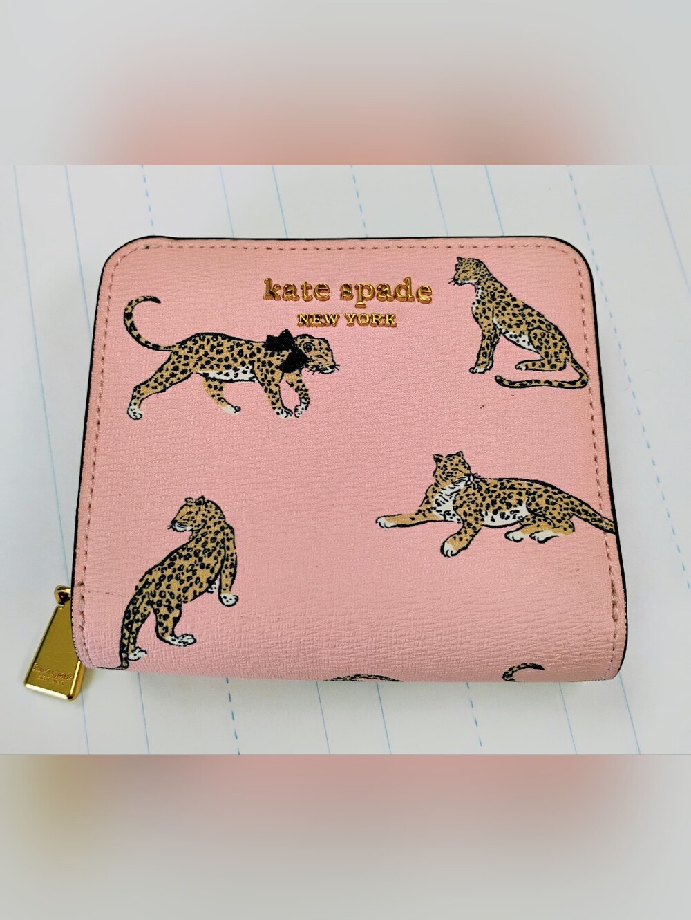 EUC Kate Spade Compact Wallet - Pink Leopard & Green GHW